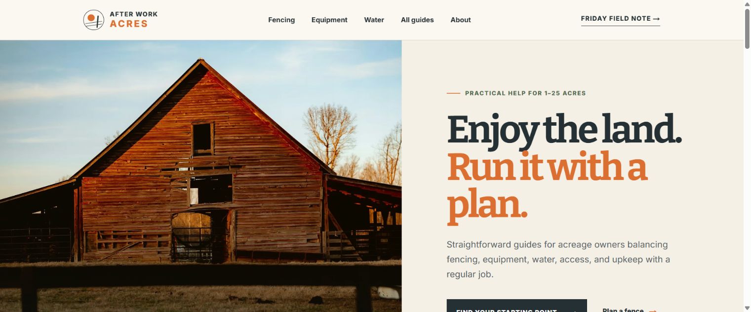 After Work Acres homepage with barn photography and bold acreage planning headline