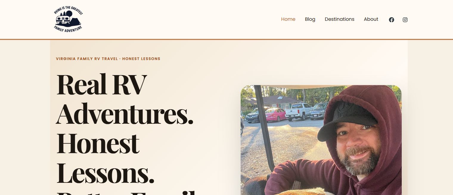 RVFamAdventure homepage with editorial headline and family travel photography